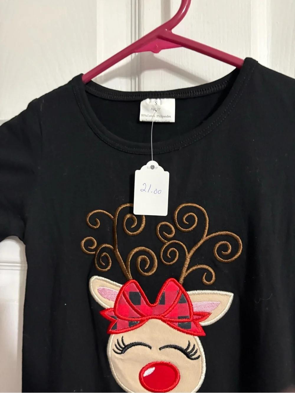 Black Baby Reindeer Romper with Red Bow & Plaid Ruffles size 2 t